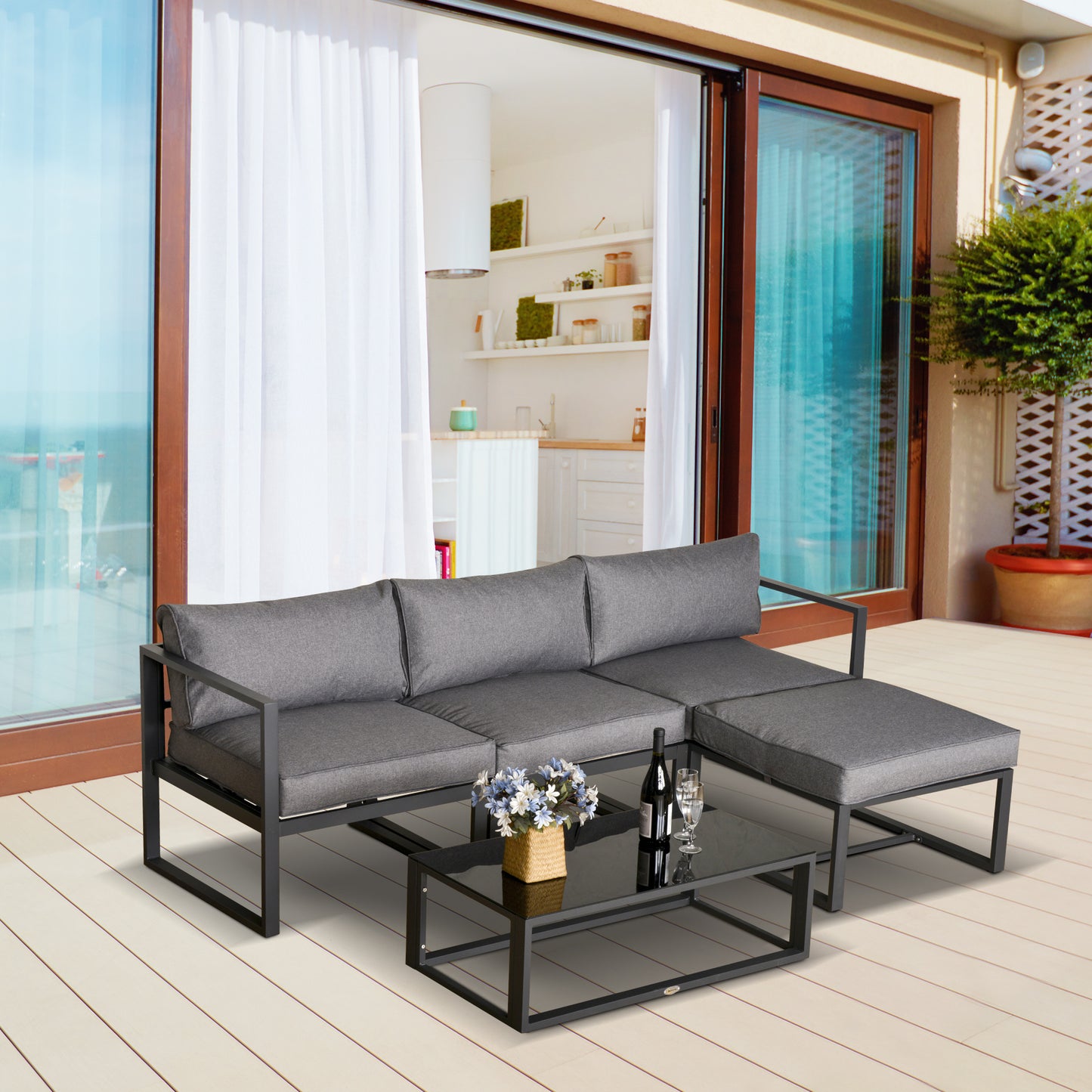 Outsunny 5-częściowy zestaw mebli ogrodowych, sofa z sofą i szklanym stolikiem kawowym, krzesła z poduszkami i aluminiowa rura, na balkon, ogród, podwórko, szary