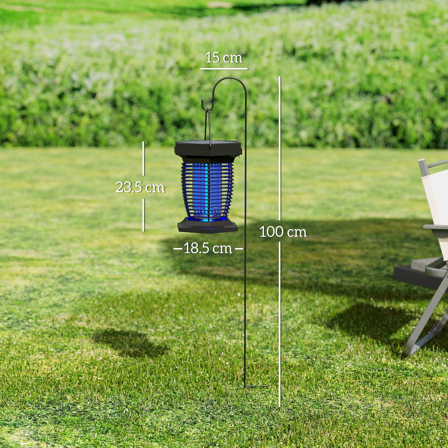 Elektryczna pułapka na muchy Outsunny 2 w 1 z lampą UVA, wisząca lampa ogrodowa, solarna i ładowana przez USB-DC, pułapka na owady i komary, do użytku wewnątrz i na zewnątrz, czarna