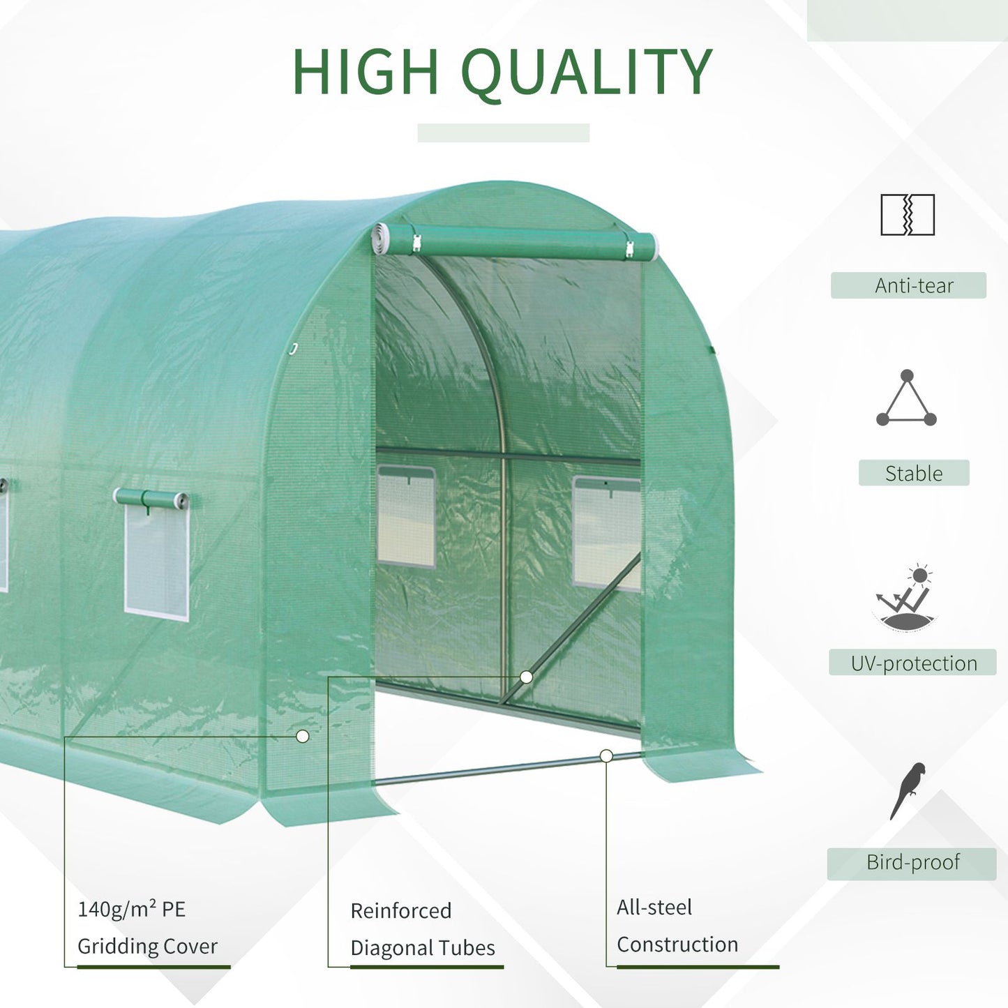 Tunel foliowy Outsunny 4 x 2 x 2 m z drzwiami zwijanymi i 6 oknami z siatki, namiot ogrodowy typu walk-in z osłoną z polietylenu odporną na promieniowanie UV i ocynkowaną stalową ramą, zielony