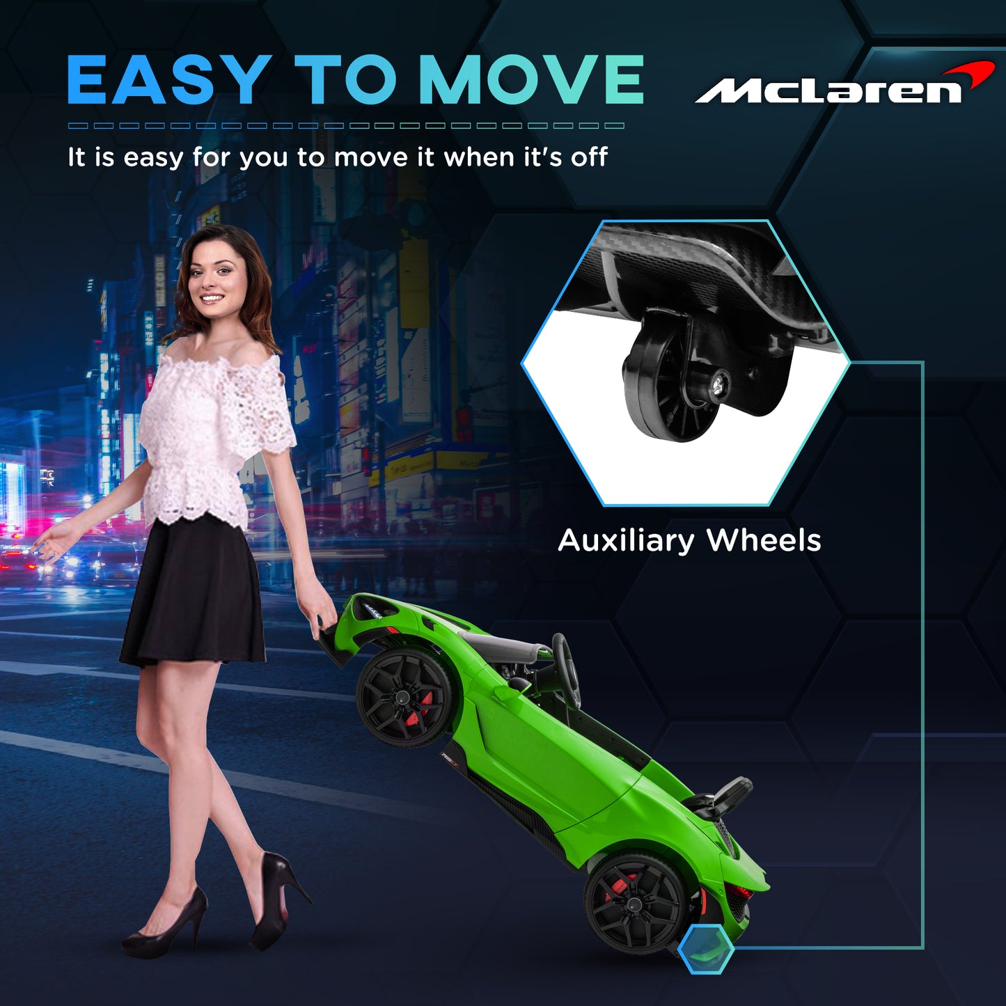 سيارة كهربائية للأطفال مرخصة من AIYAPLAY McLaren 765LT بقوة 12 فولت مع أبواب على شكل فراشة وعجلات نقل تعمل بالتحكم عن بعد باللون الأخضر