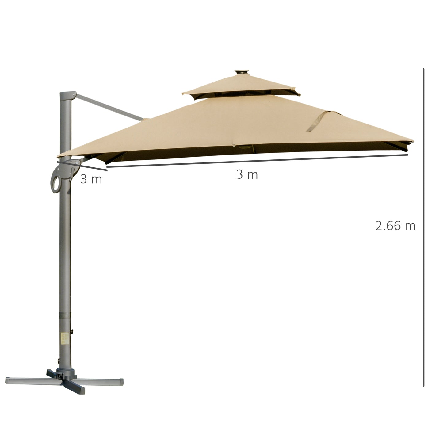 Outsunny 3 x 3(m) Aluminiowy kwadratowy daszek przeciwsłoneczny z regulowanym kątem nachylenia słupka Khaki