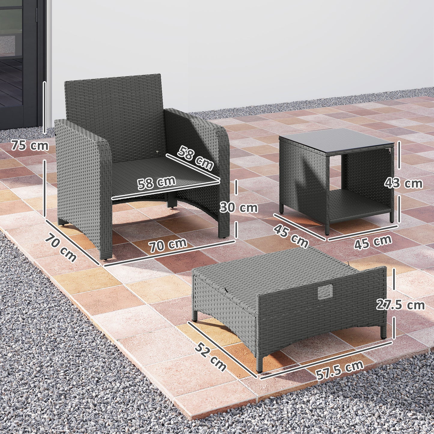 Zestaw mebli ogrodowych Outsunny Five Piece Rattan z 2-poziomowym stolikiem kawowym i pufami - szary
