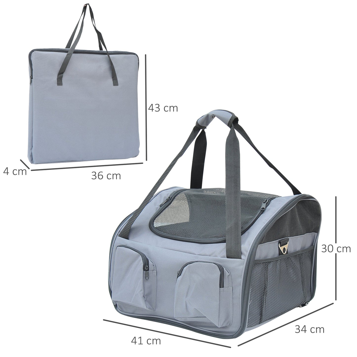 PawHut Pet Carrier Składana Torba Fotelik Samochodowy Kot Pies Szczeniak Kennel Przenośna Klatka Podróżna Tote Case Siatkowy Uchwyt Dom Szary