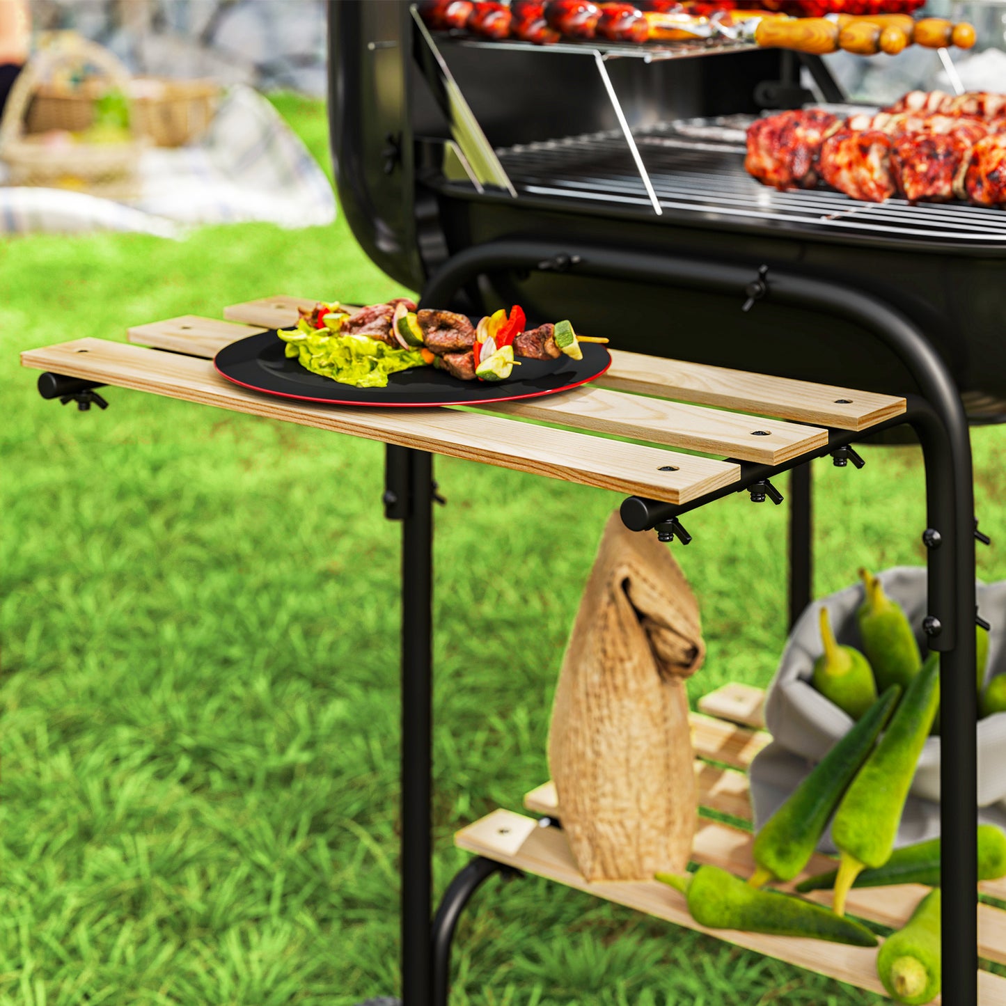 Grill węglowy Outsunny przenośny grill BBQ o powierzchni do gotowania 1840 cm√Ǭ≤, 3 półki, regulowany otwór wentylacyjny, zamykana pokrywa, kółka do gotowania na świeżym powietrzu, przyjęcie ogrodowe, czarny