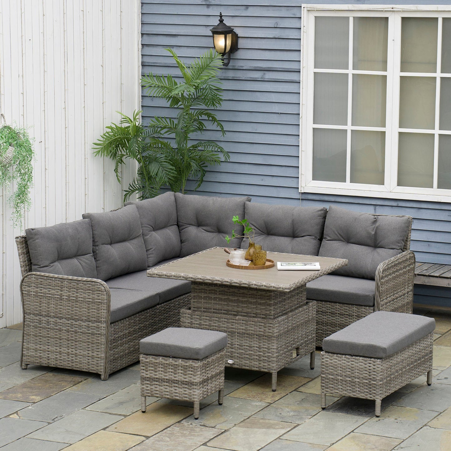 Outsunny 6-częściowy zestaw mebli ogrodowych z rattanu PE, narożna sofa na patio z wikliny z miękką wyściółką i podnoszonym stolikiem kawowym, szary