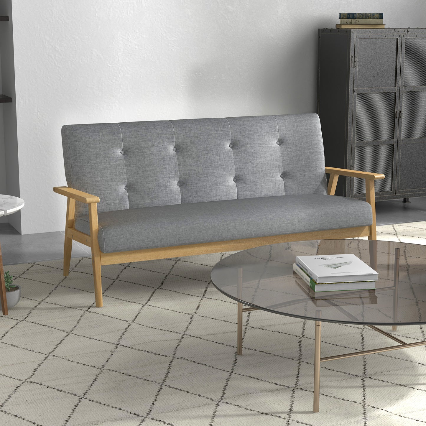 HOMCOM 3 Seater Sofa Modern Linen Fabric Upholstery Tufted Couch with Rubberwood Legs for Living Room and Kitchen, 155cm, Dark Grey