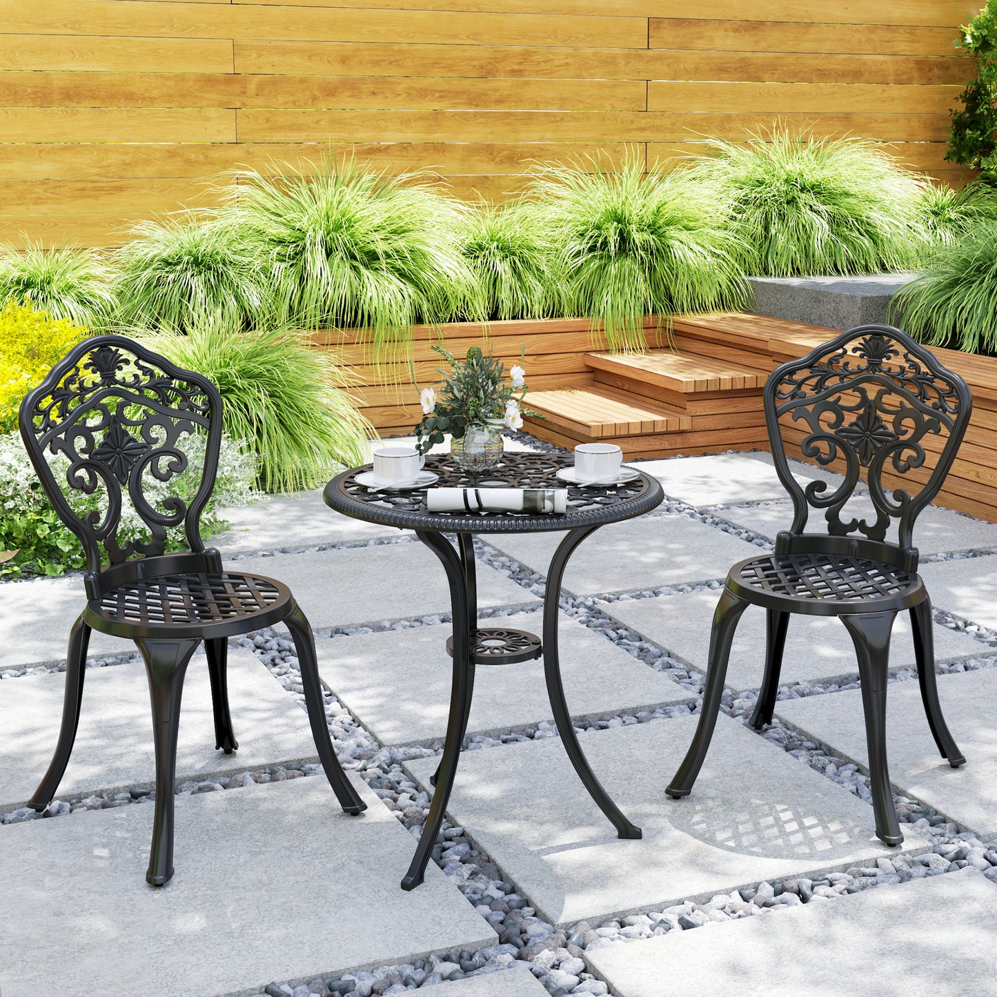 Zestaw bistro Outsunny z trzema elementami aluminiowymi w kwiaty – czarny