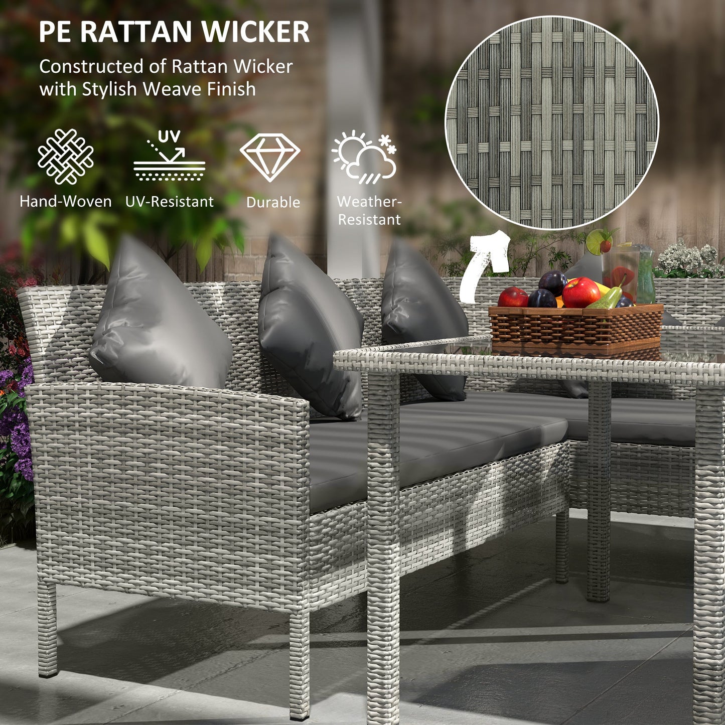 Outsunny tsunny 6-osobowy zestaw jadalny z rattanu, sofa, stół, podnóżek, meble ogrodowe, ciemnoszary
