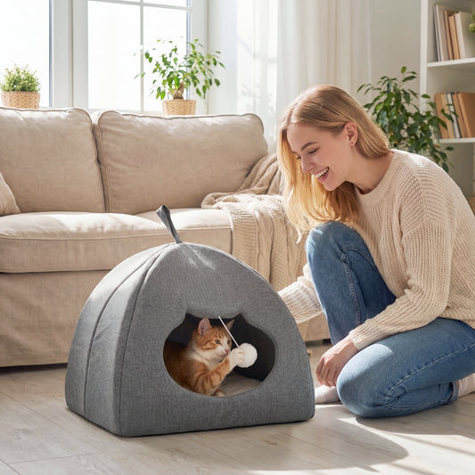 PawHut Cat Cave Bed for Indoor Kittens, Cat House with Removable Cushion and Teaser Ball, Kitty Igloo with Anti-Slip Base, 42 x 42 x 39 cm, Grey