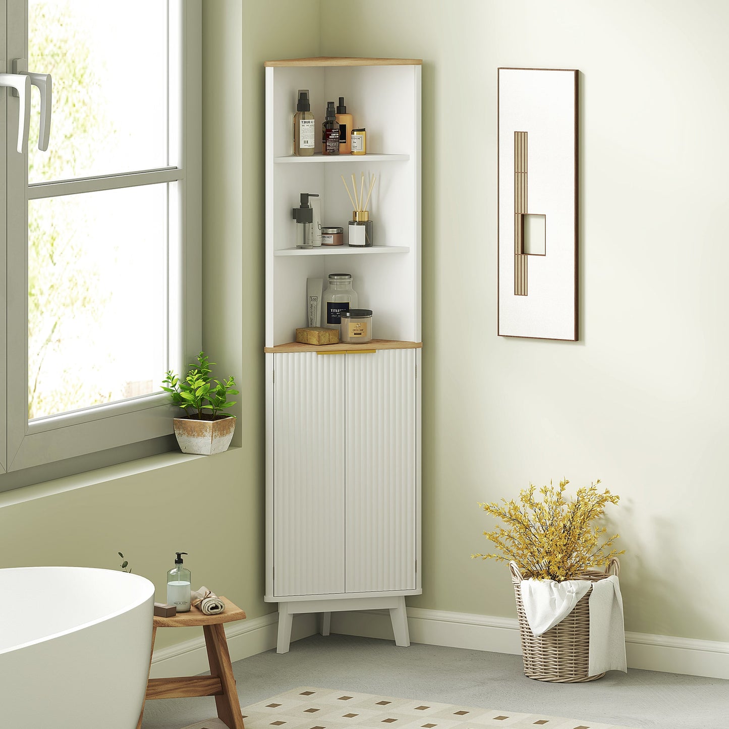 HOMCOM Tall Bathroom Storage Cabinet, Slim Bathroom Storage Unit with Doors and Adjustable Shelves, Freestanding Bathroom Cabinet with Curved Profile Design, White