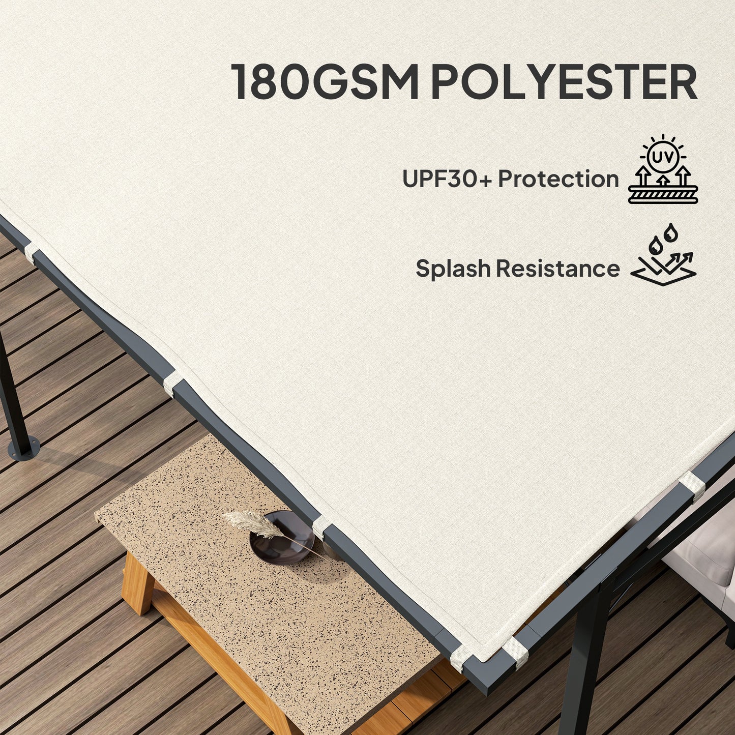 Outsunny 2,4 x 2,4 m Pergola ścienna z powłoką PA i metalową ramą, UPF30+, altana ogrodowa, wiatroodporna zewnętrzna osłona przeciwsłoneczna do ogrodu, tarasu, kremowo-biała