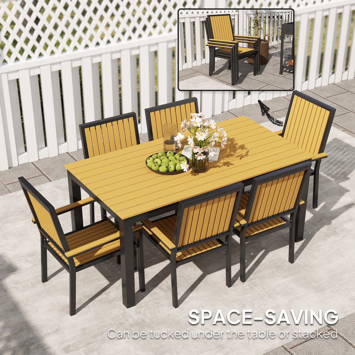 Zestaw mebli ogrodowych Outsunny 6 Seater Garden Dining Set z krzesłami składanymi, aluminiowa rama, prostokątny plastikowy blat, zestaw mebli ogrodowych, stół jadalny i krzesła na patio, balkon, przy basenie, drewno naturalne