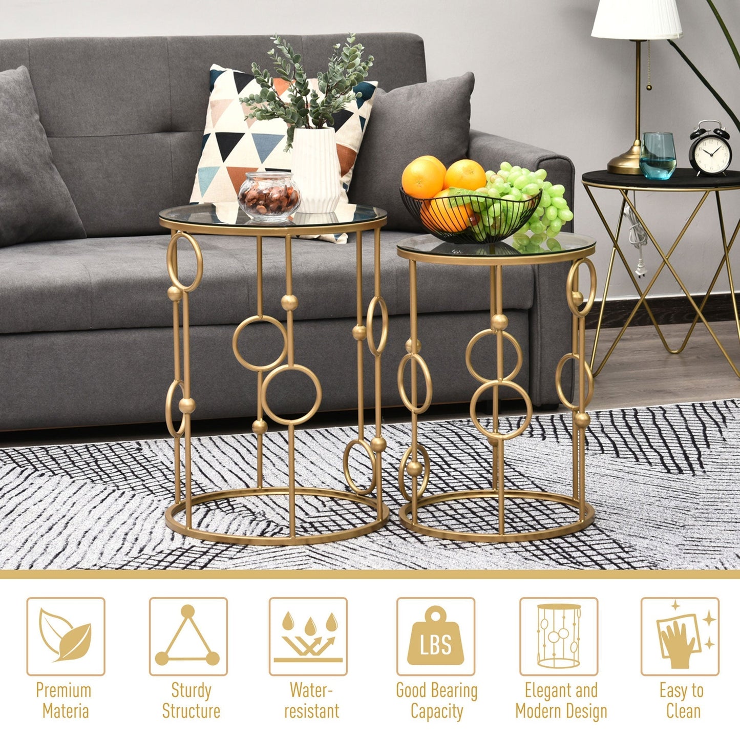 HOMCOM Nesting Round Coffee Table Set of 2 - Gold Tone