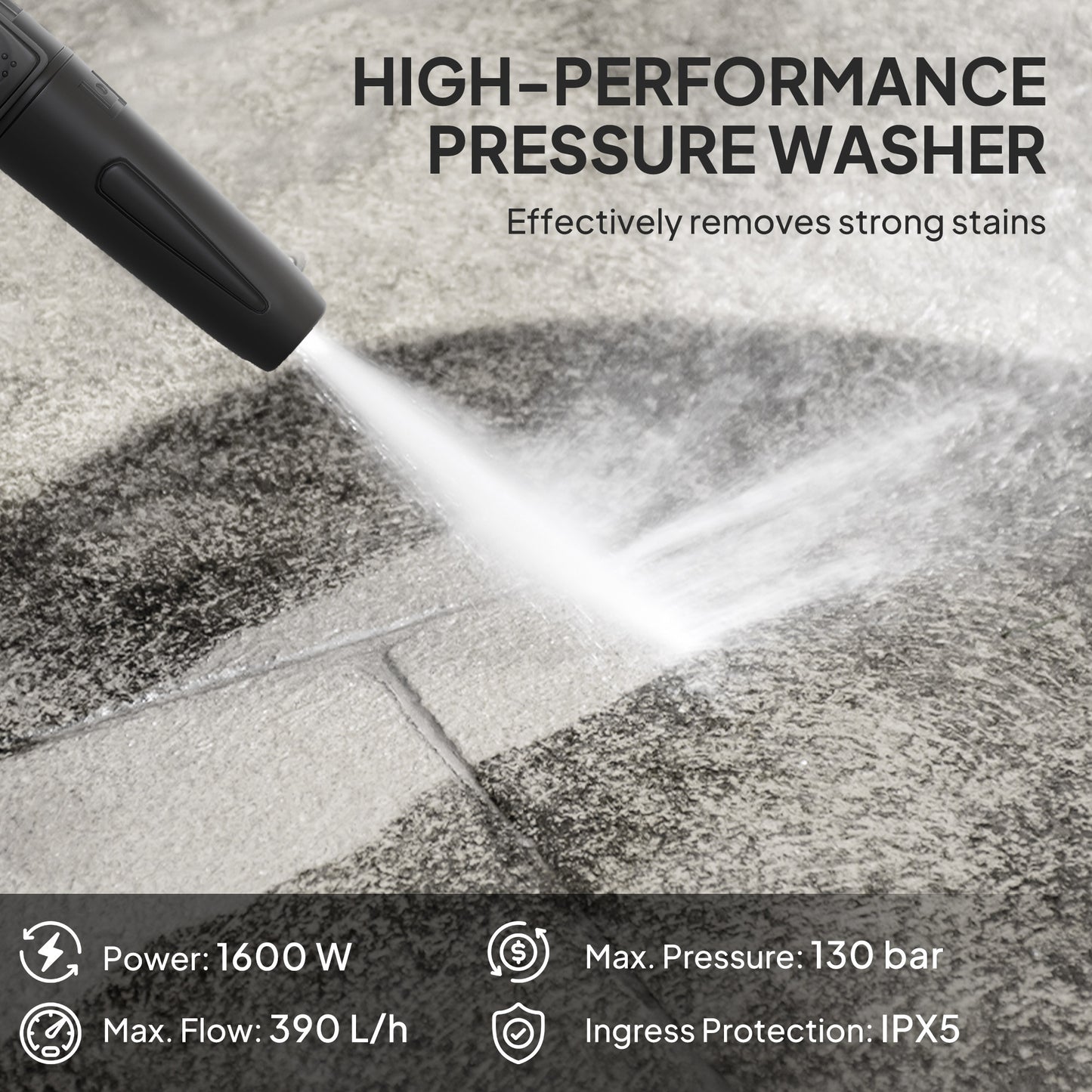 Outsunny 1600W High Pressure Washer, 130 Bar Pressure, 390 L/h Flow, Portable Power Washer Jet Wash Cleaner with Adjustable Nozzle, 6M Hose, Handle for Home Patio Car Driveway, Green