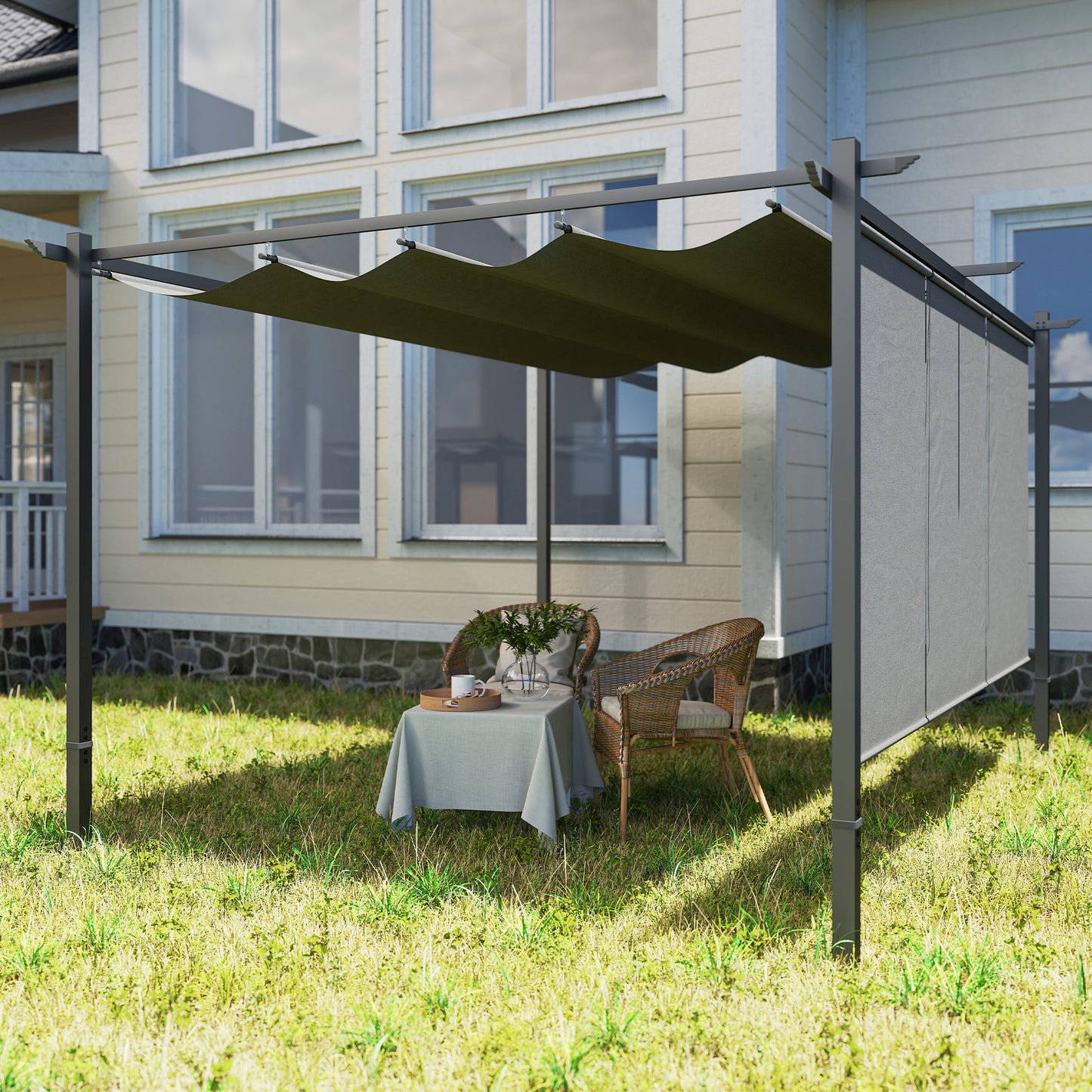 Outsunny 3 x 4m Metalowa pergola z chowanym dachem i roletą, montowana na ścianie lub wolnostojąca ogrodowa altana z baldachimem, UPF30+ zewnętrzna osłona przeciwsłoneczna, szara