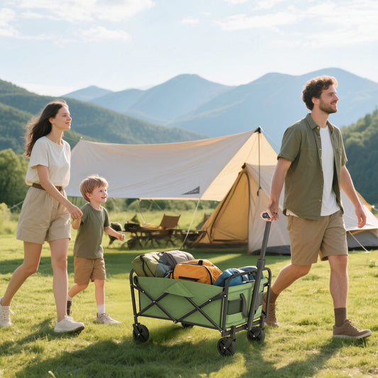 Outsunny 62L Festival Trolley on Wheels, Garden Folding Trolley Cart, 120kg Heavy Duty Collapsible Folding Wagon with Adjustable Handle and Carrying Bag for Beach, Camping, Festival, Green