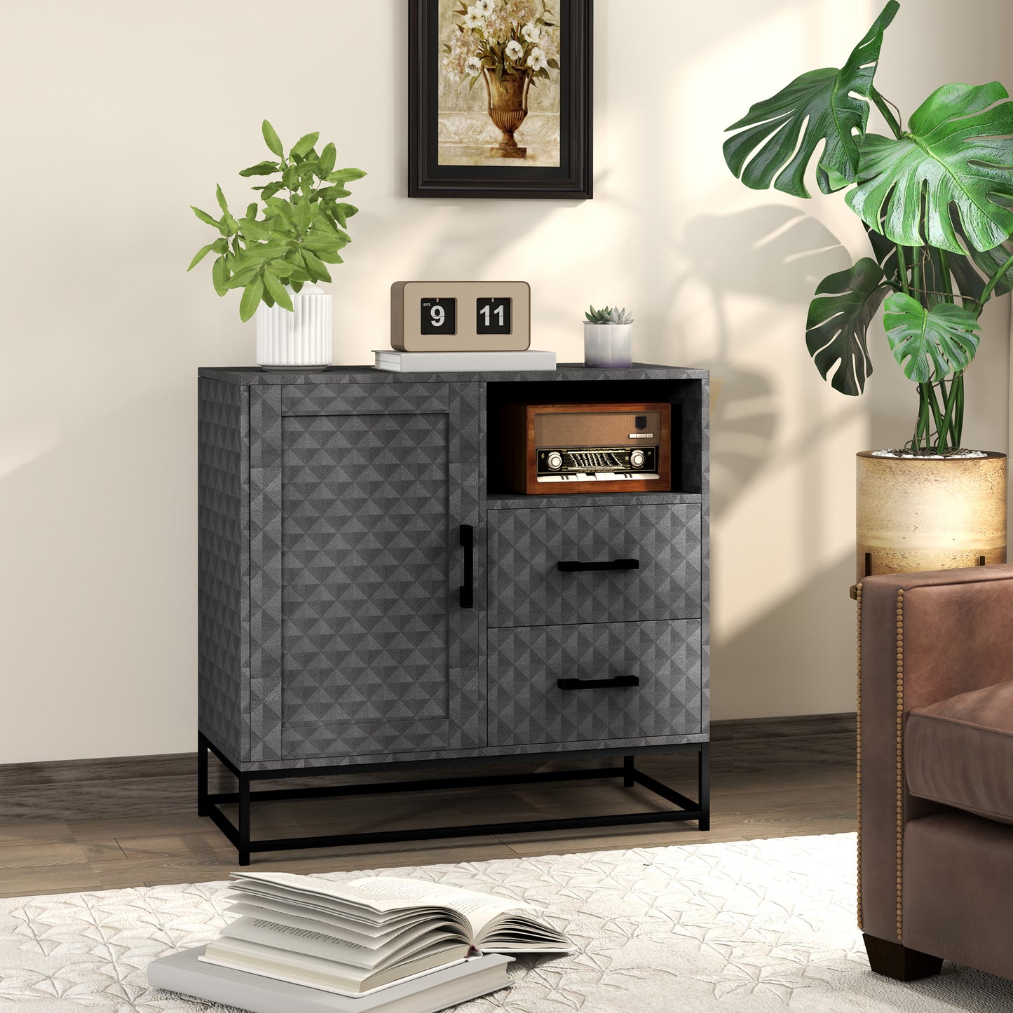 HOMCOM Sideboard with Adjustable Shelf, Freestanding Sideboard Storage Cabinet with Open Compartment and 2 Drawers, Grey
