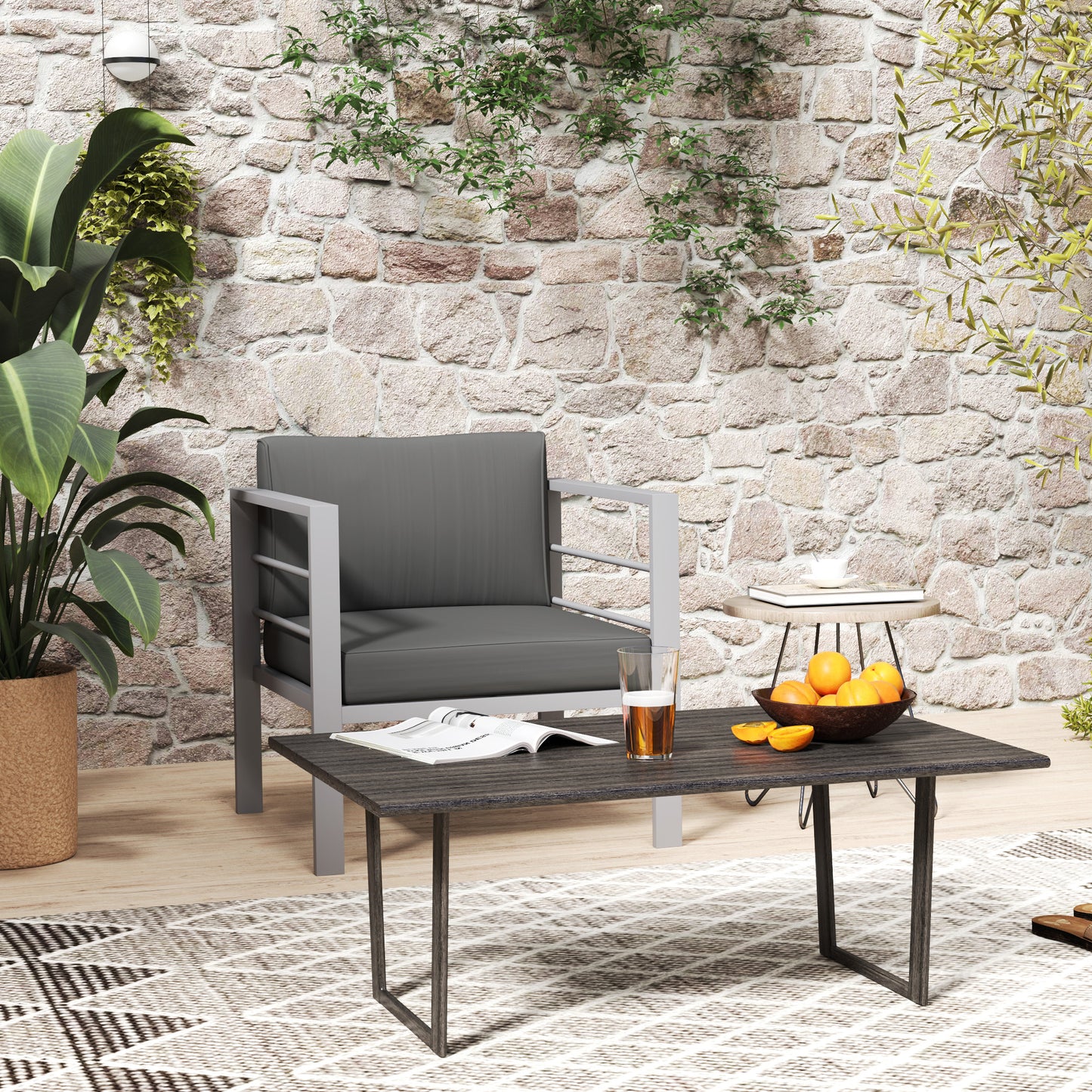 Sofa ogrodowa Outsunny, sofa ogrodowa pojedyncza na każdą pogodę ze zdejmowanymi poduszkami, metalowa rama mebli ogrodowych na balkon, antracyt