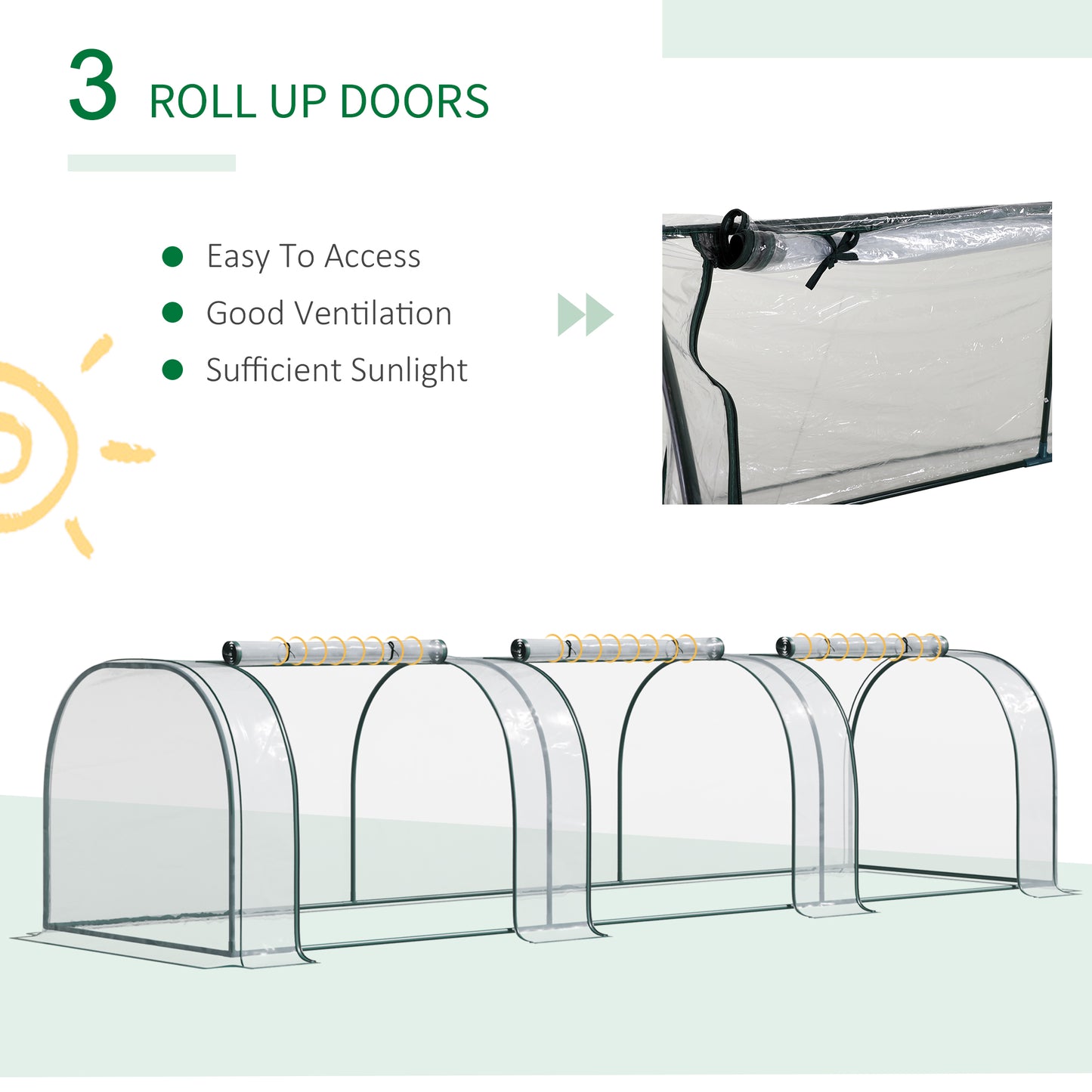 Outsunny Mini Greenhouse, mała szklarnia tunelowa z polietylenu z drzwiami na suwak, stalowa rama do ogrodu na patio, 300 x 100 x 80 cm, przezroczysta