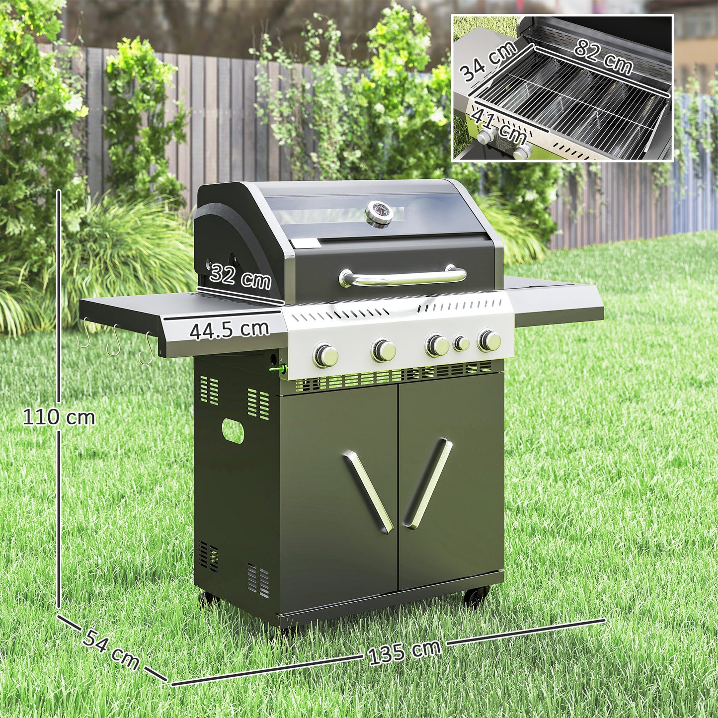 Grill gazowy Outsunny 4+1 z przezroczystą pokrywą, przenośny grill gazowy z wbudowanym termometrem, stolikiem bocznym, szafką, kółkami, tacką na tłuszcz do grillowania na przyjęciach ogrodowych na świeżym powietrzu, czarny