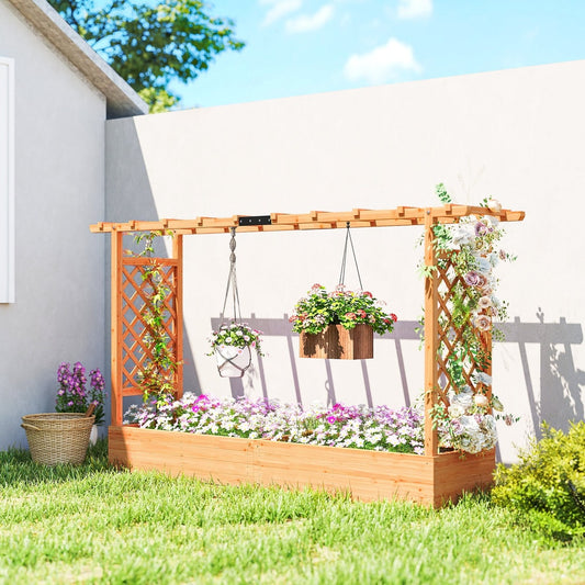 Outsunny Raised Planter with Trellis in a Natural Wood Finish, image 2