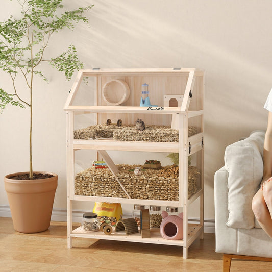 PawHut Wooden Hamster Cage with Detachable Lower Floor in a Natural Wood Finish, image 2