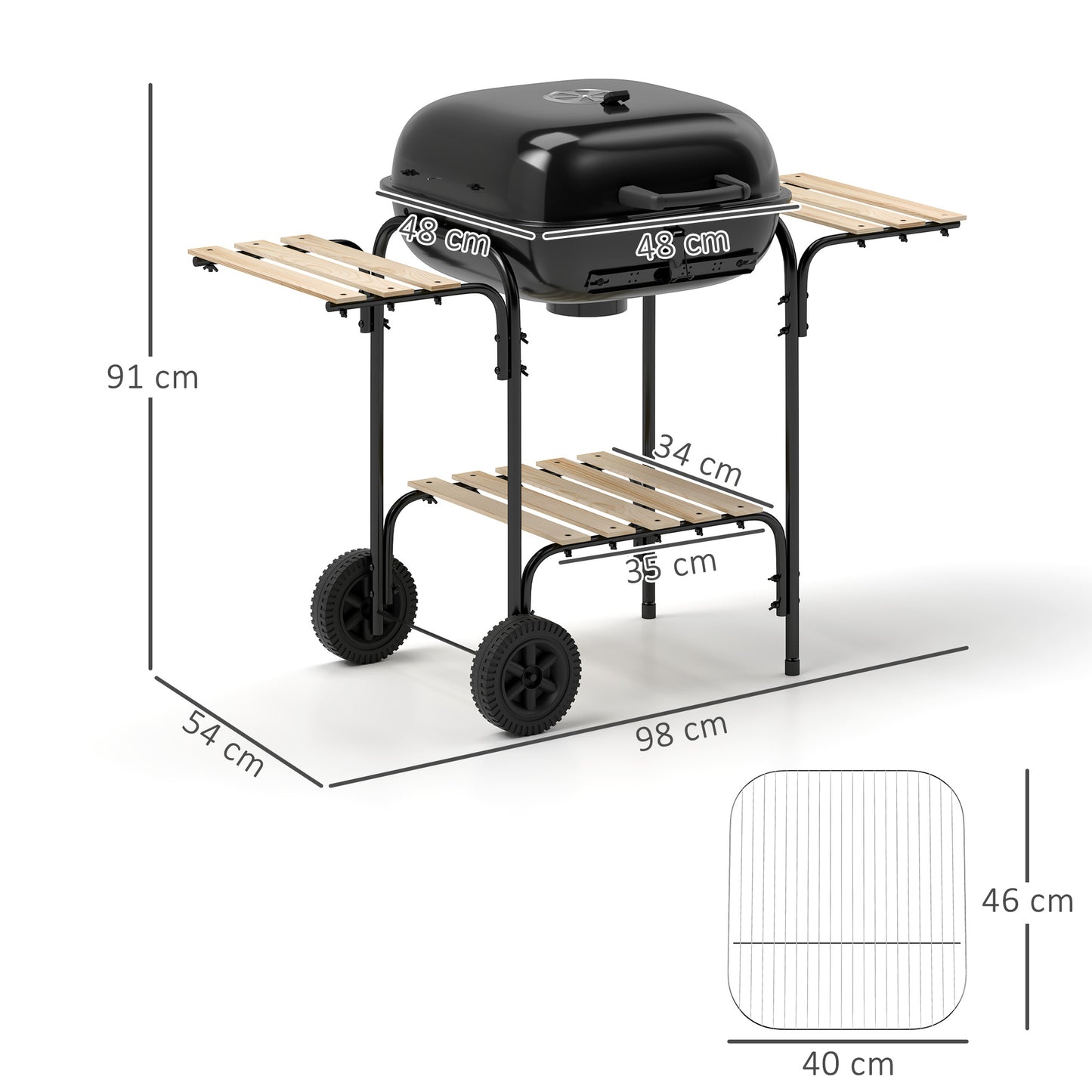 Grill węglowy Outsunny przenośny grill BBQ o powierzchni do gotowania 1840 cm√Ǭ≤, 3 półki, regulowany otwór wentylacyjny, zamykana pokrywa, kółka do gotowania na świeżym powietrzu, przyjęcie ogrodowe, czarny