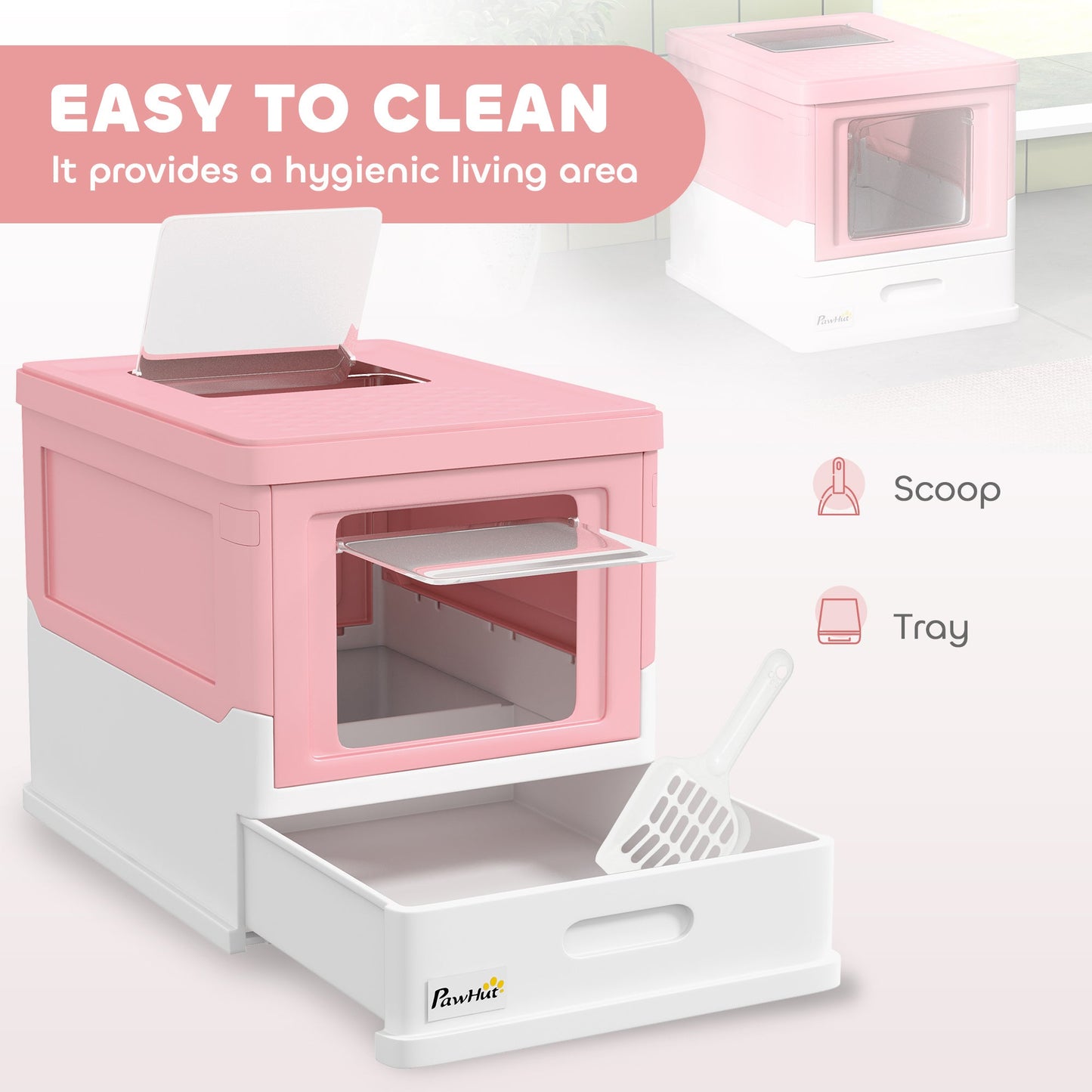 PawHut Hooded Cat Litter Box, przenośna toaleta dla zwierząt, z łopatką, wejście z przodu - różowa