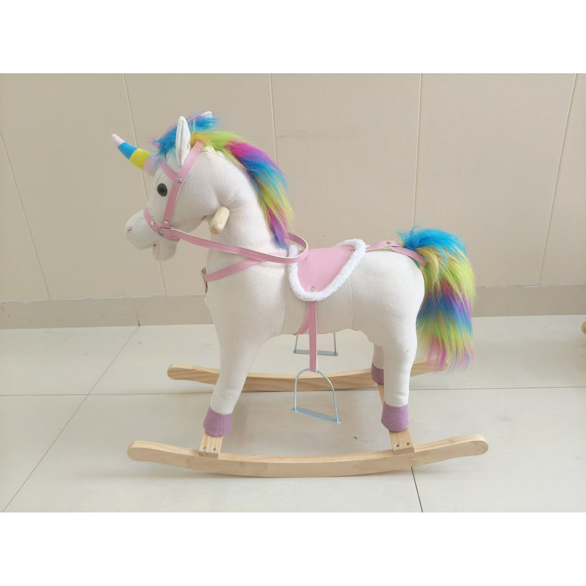 AIYAPLAY Rocking Horse, Unicorn Ride on Horse with Sounds and Stable Wooden Base for 1-3 Years, Cream White
