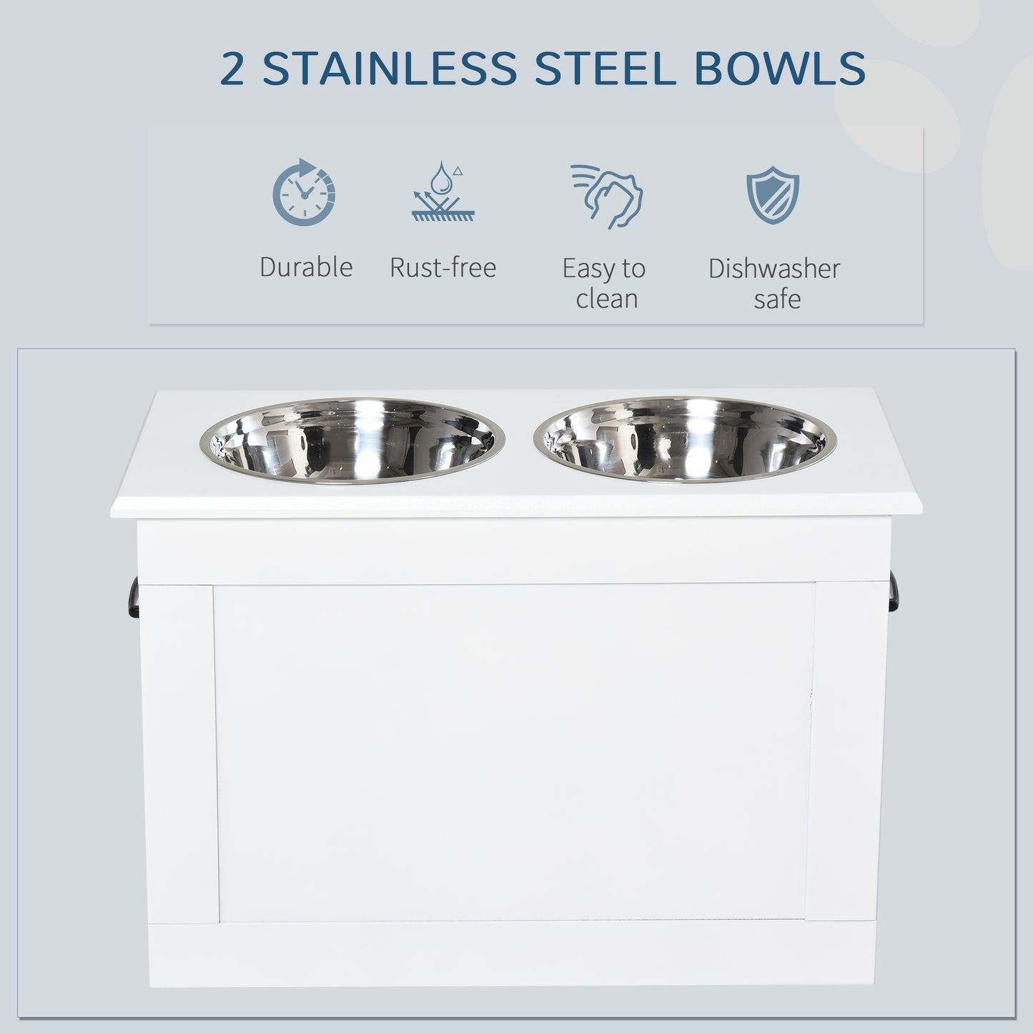 PawHut Raised Dog Bowls, with Storage, Two Stainless Steel Bowls, Elevated Base - White