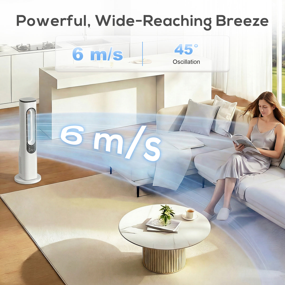 HOMCOM Bladeless Tower Fan for Bedroom, 35dB Standing Cooling Fan with Oscillating, LED Lights, 3 Speeds, 15H Timer, White
