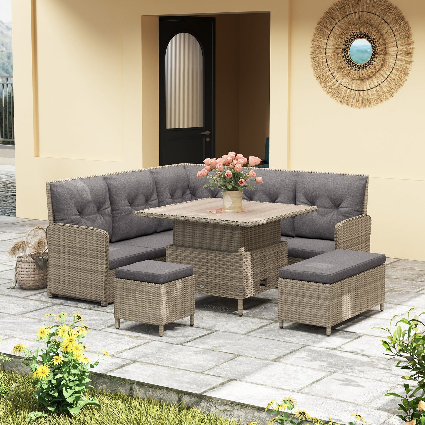 Outsunny 6-częściowy zestaw mebli ogrodowych z rattanu PE, narożna sofa na patio z wikliny z miękką wyściółką i podnoszonym stolikiem kawowym, jasnoszary