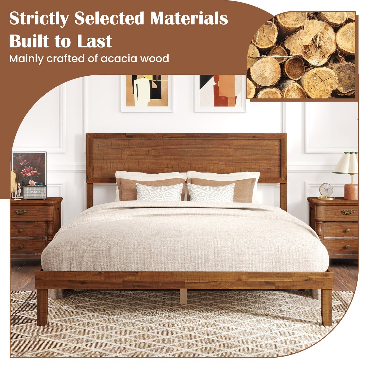 Single/King Size Bed Frame with Headboard and Slats Support-Queen size