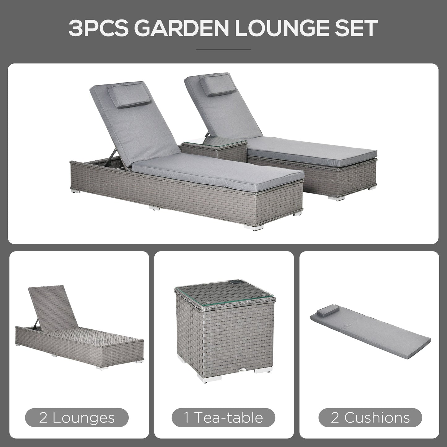 Outsunny 3PC Rattan Leżak, Meble Ogrodowe ze Stolikiem Bocznym, 5-Pozycyjny Regulowany Fotel Rozkładany, Szary