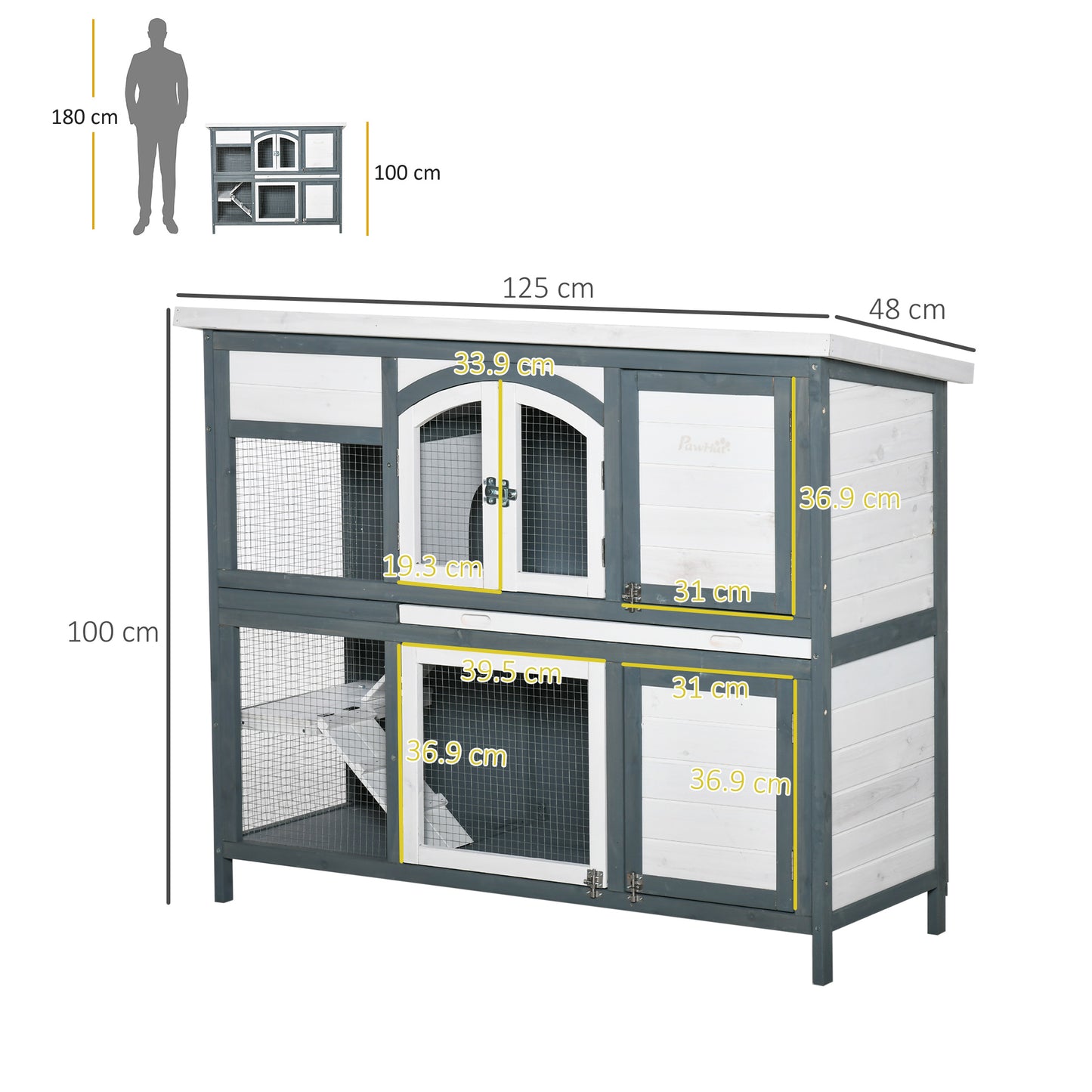PawHut Królik Hutch Zewnętrzna Klatka dla Świnek Morskich 2-poziomowa Drewniana Klatka z Rampą, Przegrodą, Otwieranym Dachem, 125 x 48 x 100 cm - Szara