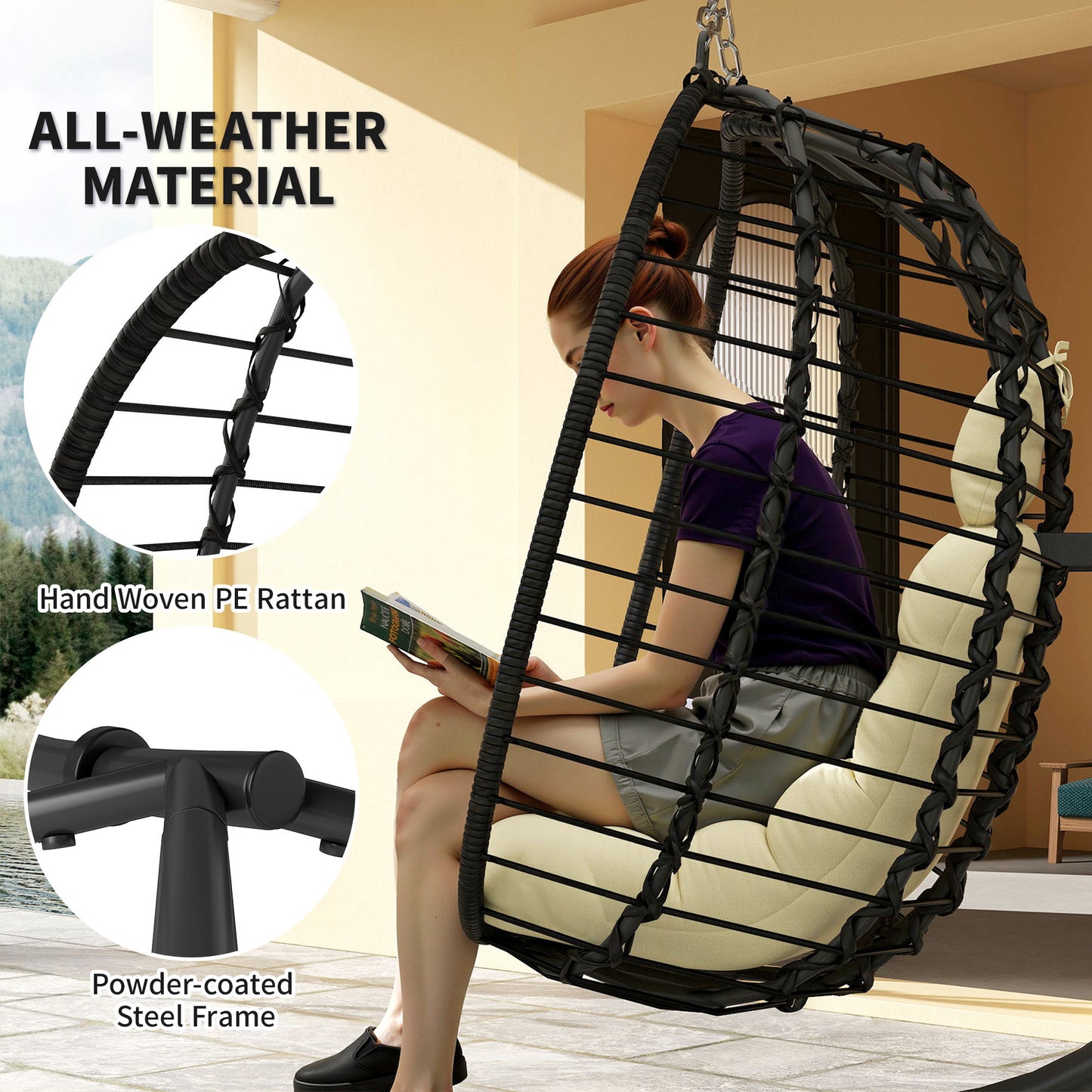 Outsunny Rattan Wiszący Fotel Jajko, Składany Wiklinowy Fotel Huśtawka Hamakowa z Poduszką, Stojak, Regulowana Wysokość, Poduszka Pod Głowę, Stalowa Rama Do Ogrodu Patio Wewnątrz Na Zewnątrz, Kremowo-Biały