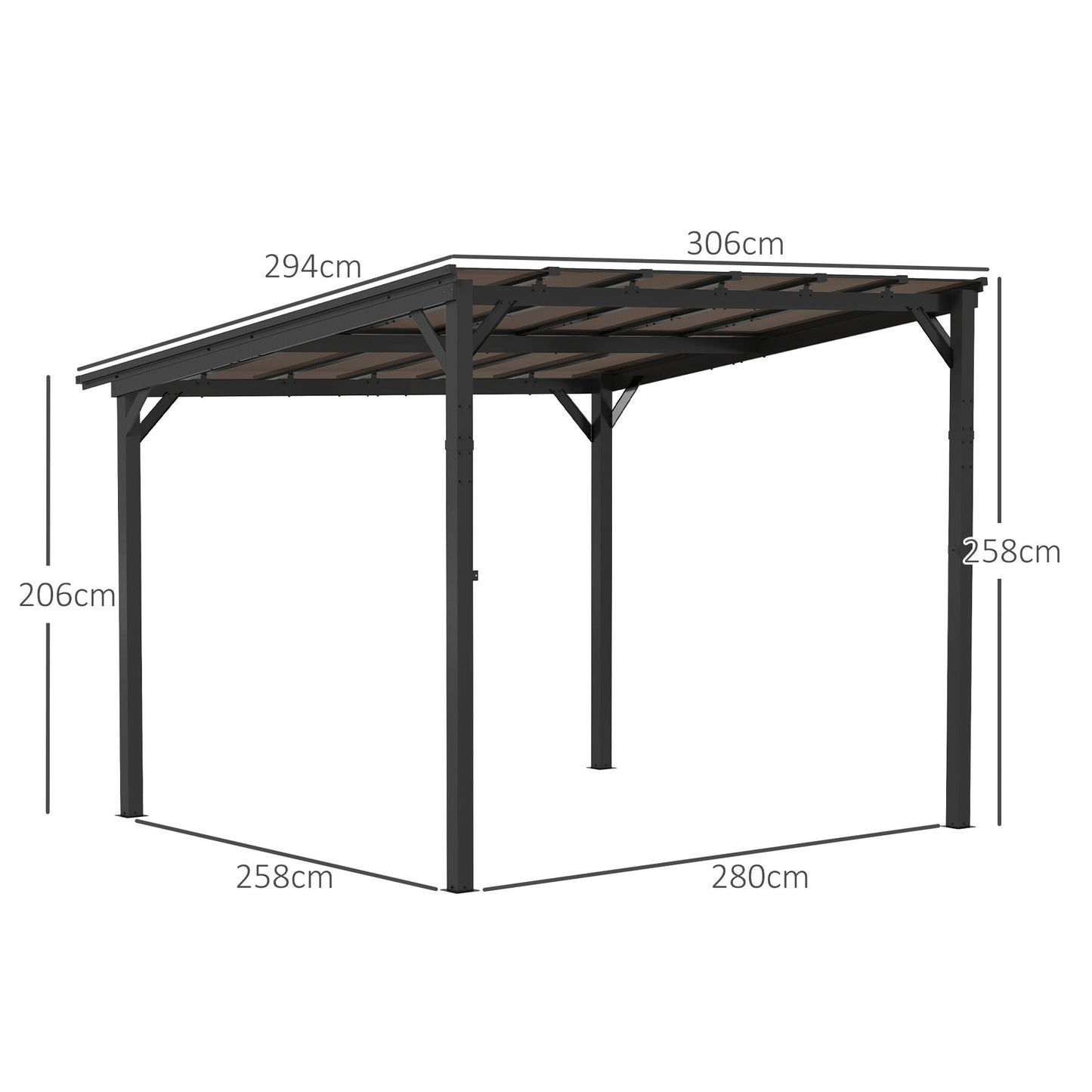 Outsunny 3 x 3(m) Metalowa pergola z UPF 50+ i wodoodpornym dachem z poliwęglanu, montowana na ścianie lub wolnostojąca altana ogrodowa, wiatroodporna osłona przeciwsłoneczna na zewnątrz, ciemnoszara