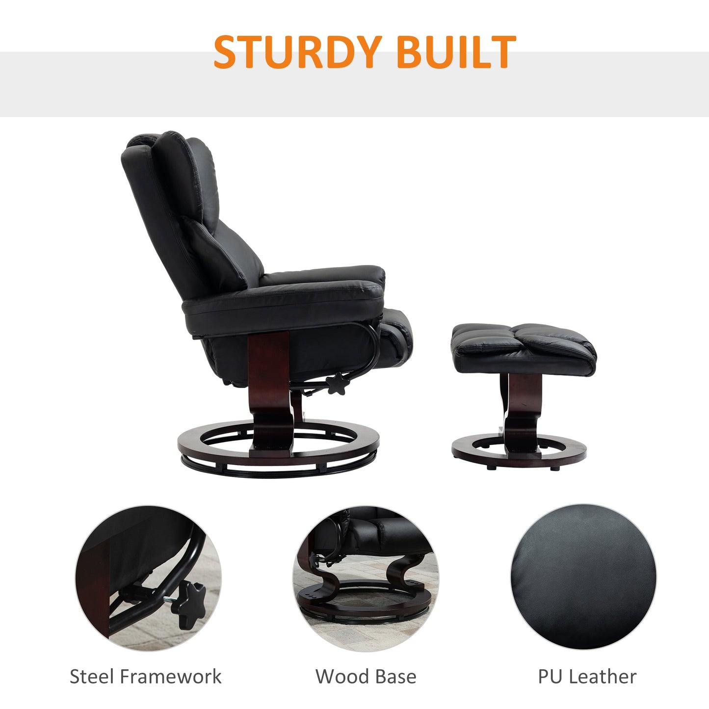 HOMCOM 360 Swivel Recliner Chair with Footstool, PU Leather Manual Recliner Armchair with Footstool, Solid Wood Base, Upholstered Reclining Chair for Living Room, Bedroom, Office, Black