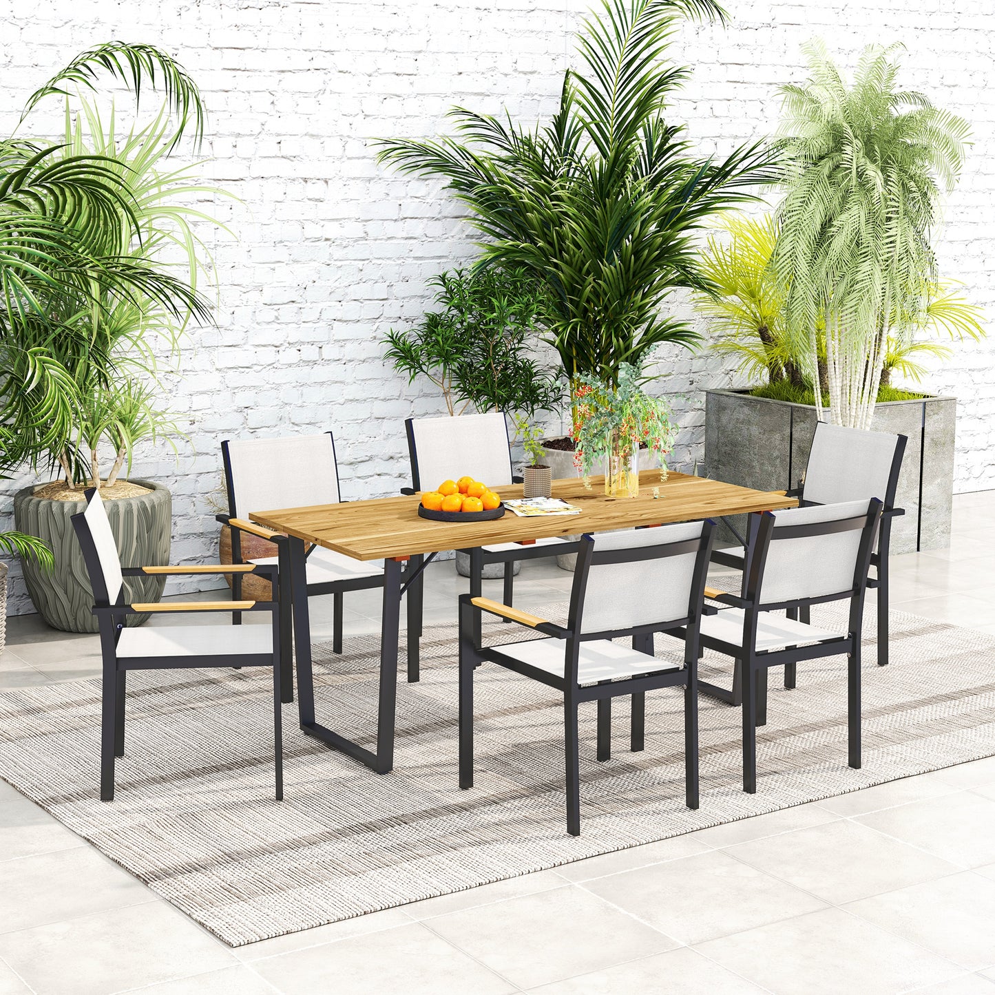 Stół ogrodowy Outsunny dla 6 osób, 175 x 80 cm, duży prostokątny stół do jadalni na zewnątrz z otworem na parasol o średnicy 5 cm i blatem z listew, odporny na warunki atmosferyczne stół tarasowy z drewna jodłowego na balkon lub taras, brązowy