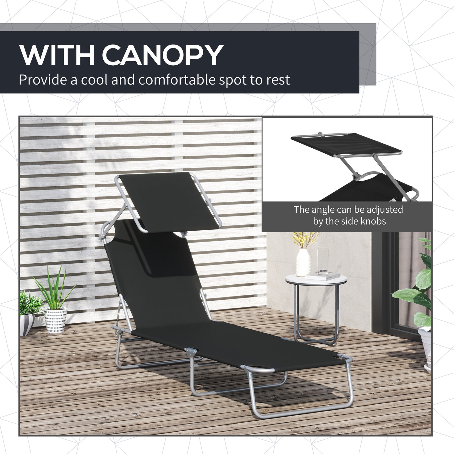 Outsunny Outdoor składany leżak słoneczny, 4-poziomowy regulowany oparcie, leżak słoneczny z markizą przeciwsłoneczną z regulacją kąta nachylenia, na plażę, do ogrodu, na patio, czarny