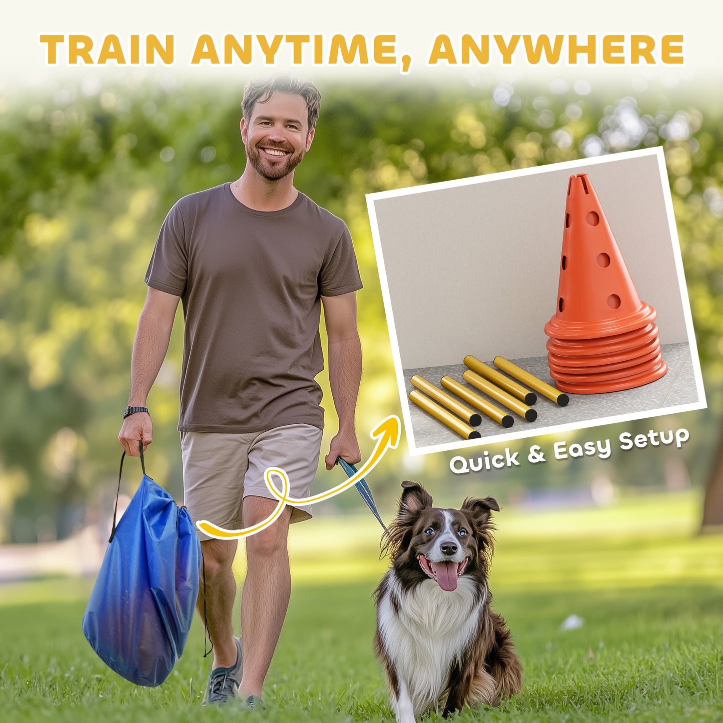 PawHut Dog Agility Equipment Set of Six Cones, Six Poles with Carry Bag, Three-Piece Adjustable Height Jumping Obstacles, Orang