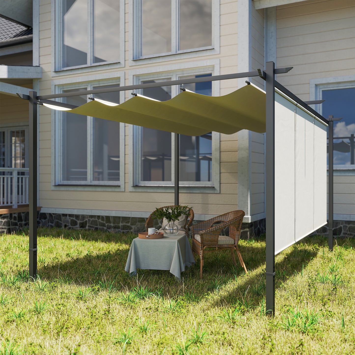 Outsunny 3 x 4m Metalowa pergola z chowanym dachem i roletą, montowana na ścianie lub wolnostojąca ogrodowa altana z baldachimem, UPF30+ zewnętrzna osłona przeciwsłoneczna, beżowa