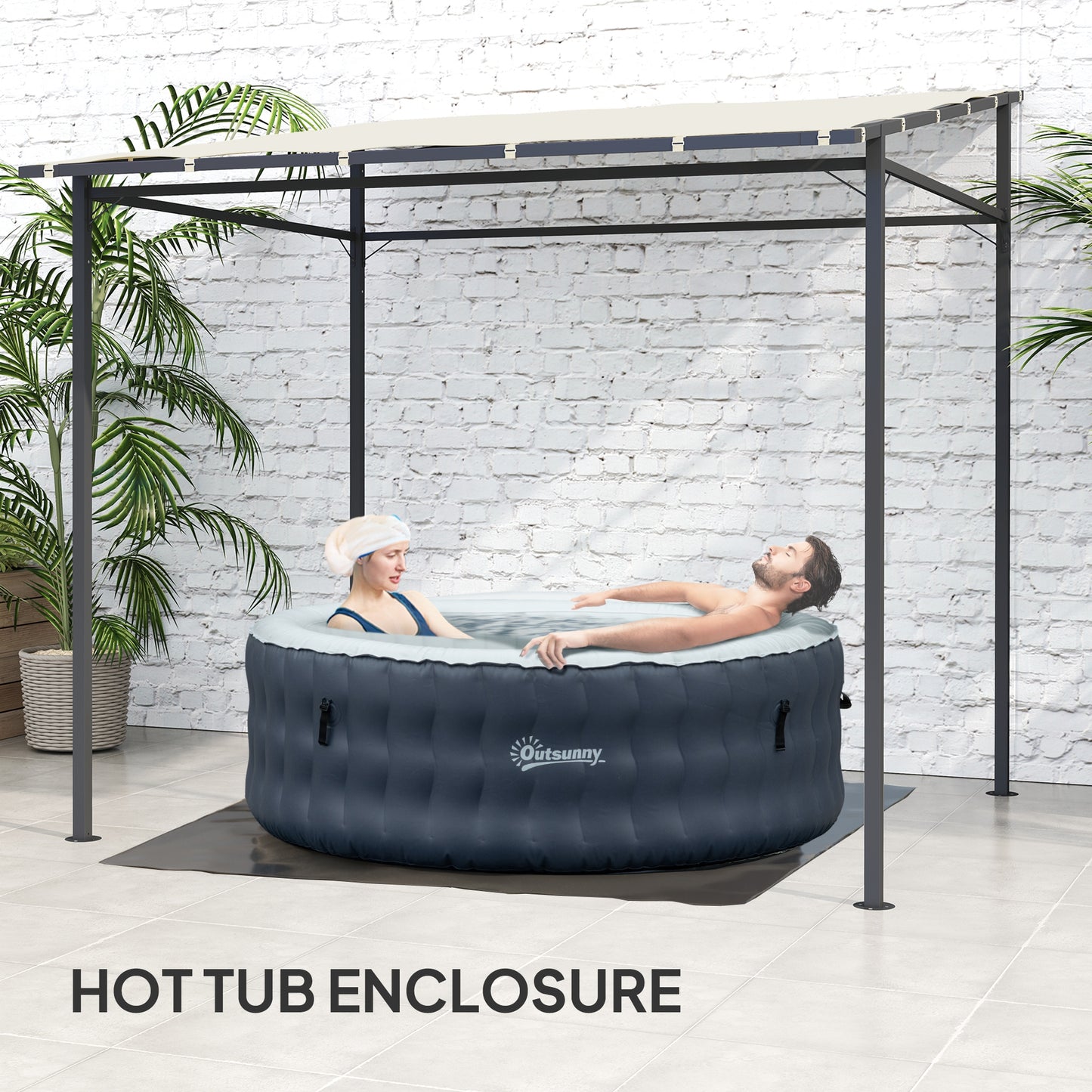 Outsunny 2,4 x 2,4 m Pergola ścienna z powłoką PA i metalową ramą, UPF30+, altana ogrodowa, wiatroodporna zewnętrzna osłona przeciwsłoneczna do ogrodu, tarasu, kremowo-biała