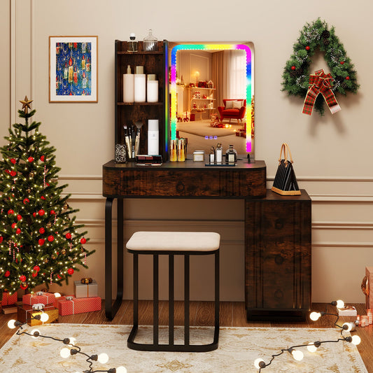 RGB LED Vanity Set with Mirror and Lights-Rustic Brown