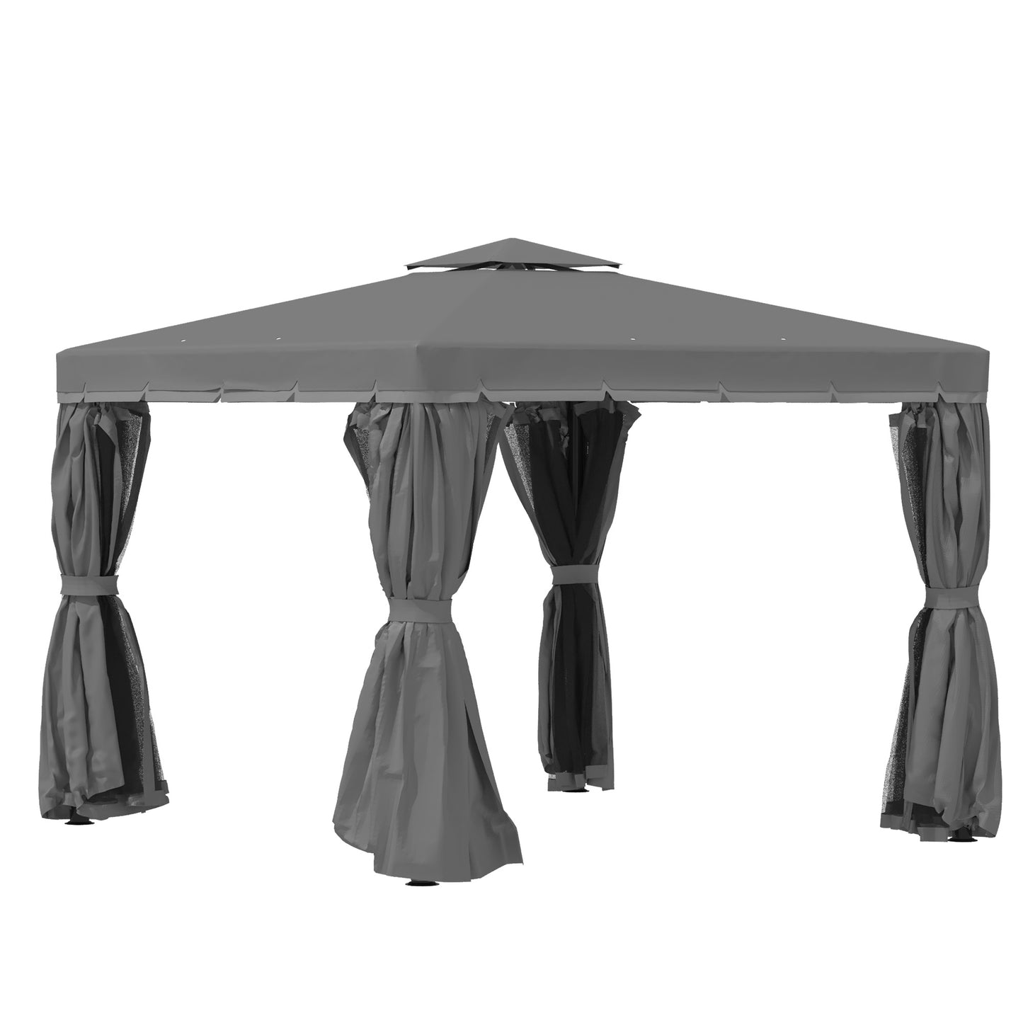 Outsunny 3 x 3(m) Patio Altana Baldachim Pawilon ogrodowy Namiot schronienie namiot z 2-poziomowym dachem hydrofobowym, moskitierą i zasłonami, aluminiowa rama, ciemnoszary