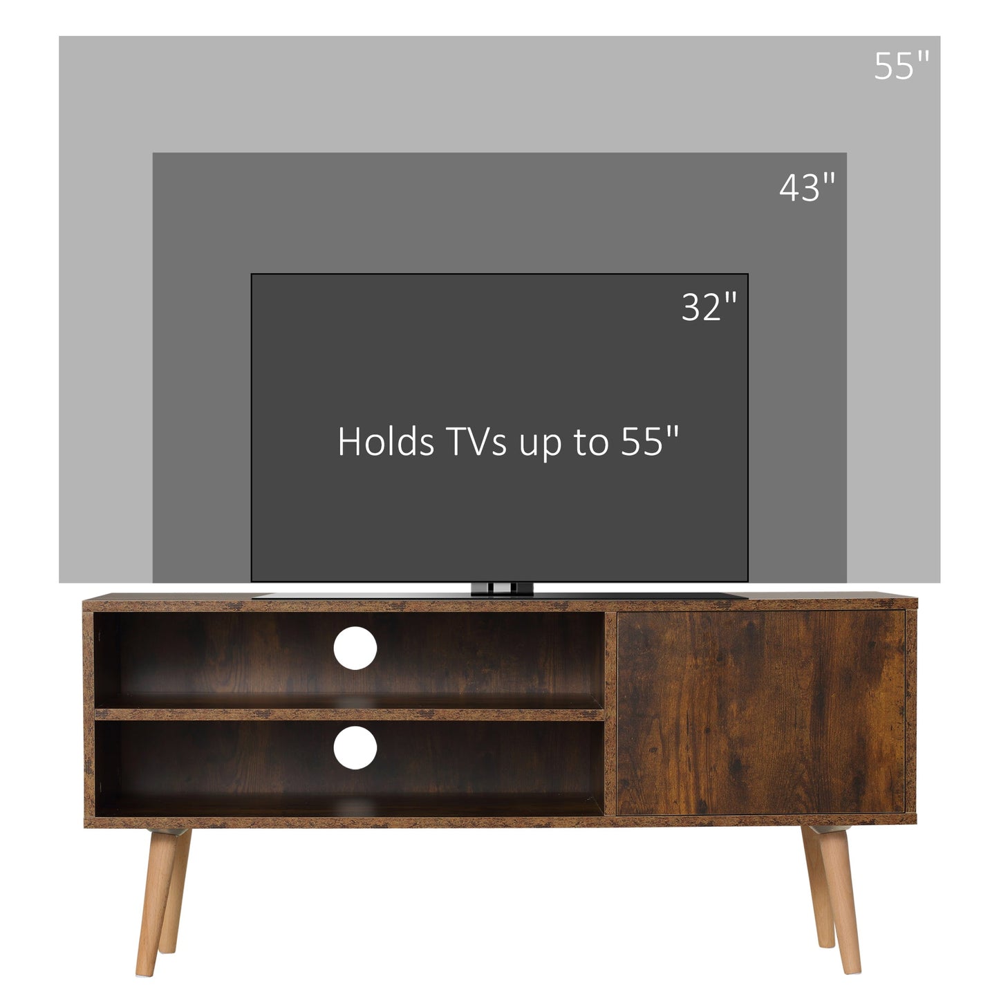 HOMCOM TV Unit Cabinet for TVs up to 55 Inches, TV Stand with Cupboard and Storage Shelves, Cable Holes for Living Room, Brown