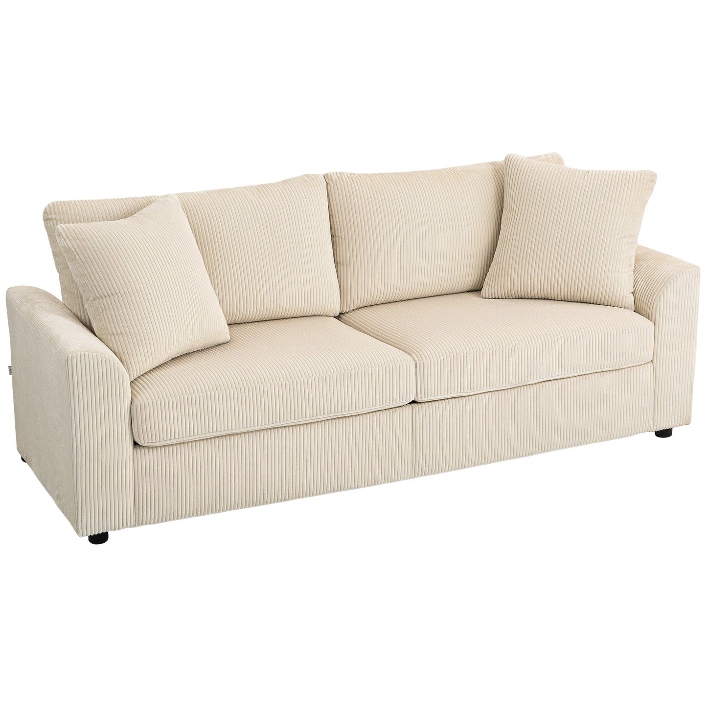 HOMCOM Nowoczesna 3-osobowa sofa z poduszką sprężynową, 212 cm, materiałowa, Jumbo Cord Sofa Couch z 2 poduszkami dekoracyjnymi, tapicerowana sofa z kordu do salonu, sypialni, domowego biura, kremowo-biała