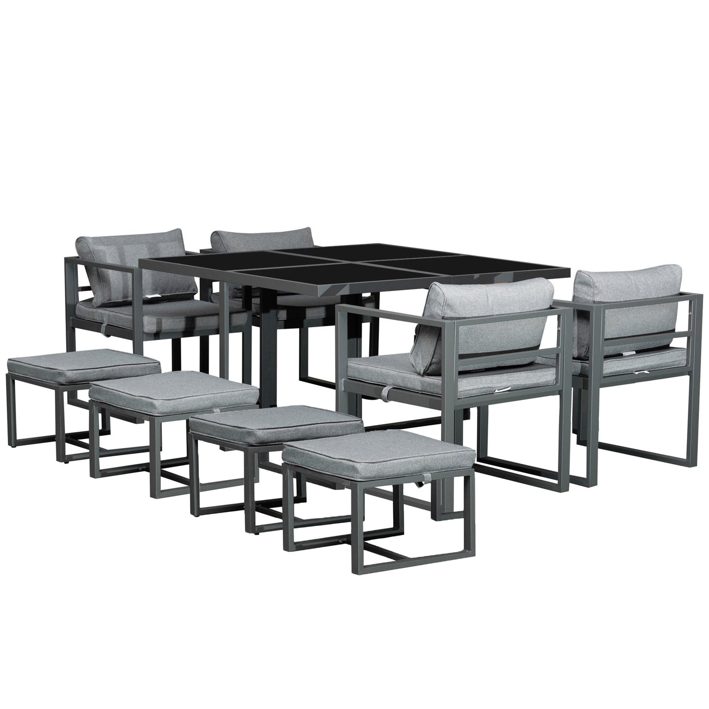 Outsunny 9-częściowy zestaw jadalny z aluminium na patio, zestaw oszczędzający miejsce z 4 krzesłami, 4 pufami, poduszkami, 8-osobowymi meblami ogrodowymi