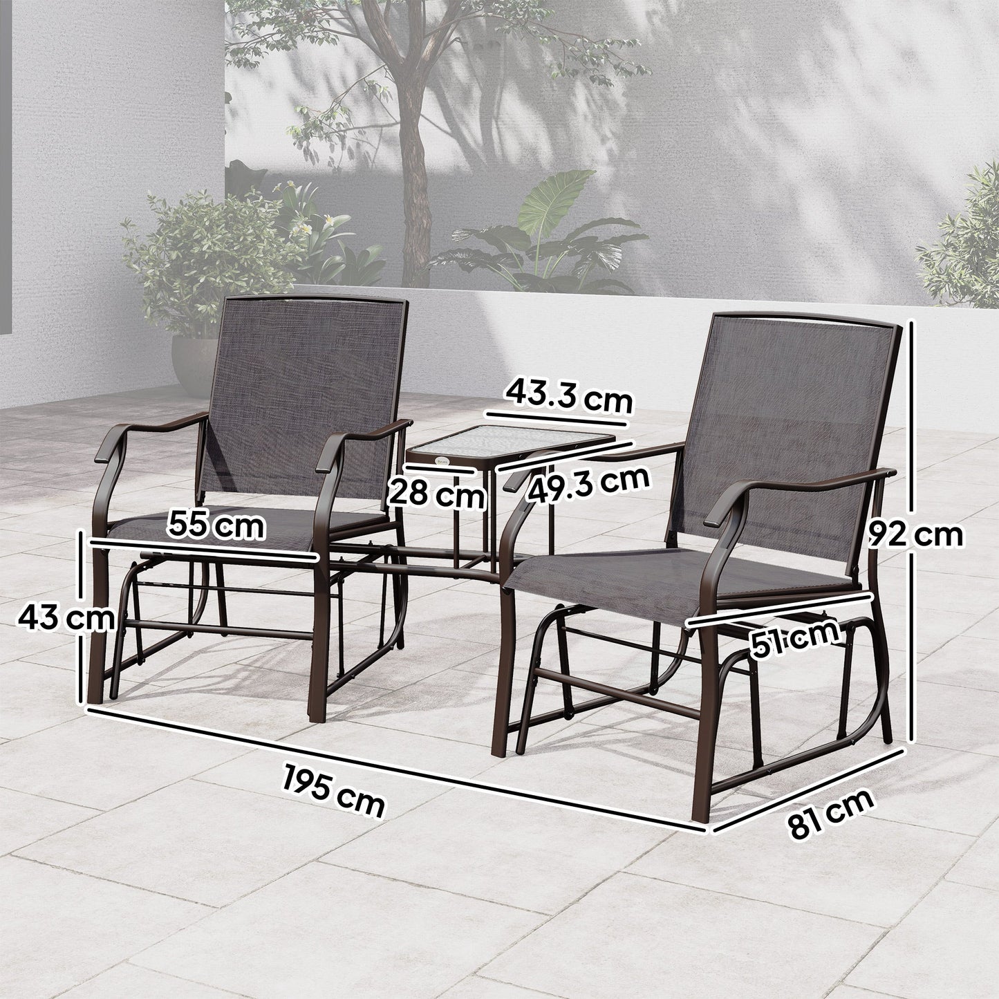Outsunny Gliding Jack and Jill Seat, with Glass-Top Table - Brown/Grey