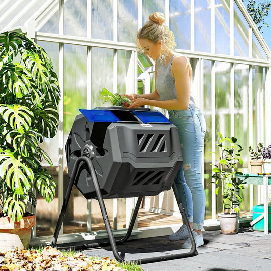 Outsunny 160L 360 Rotating Dual Chamber Composter in Blue, image 2